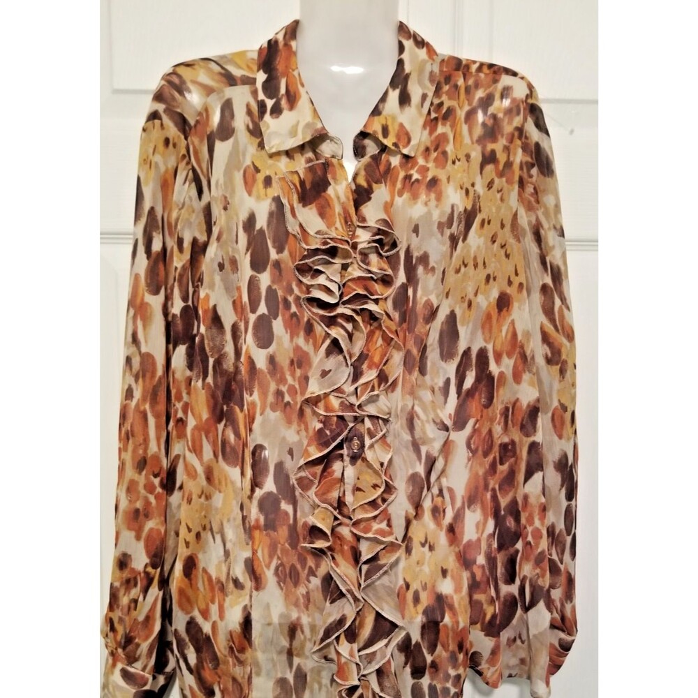 CJ Banks Women's Blouse Ruffle Center Sheer Geometric Long Sleeve Size 1X